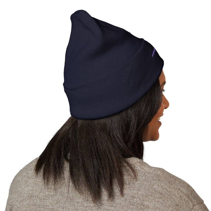 Classic Cuffed Embroidered Beanie - Purple on Navy