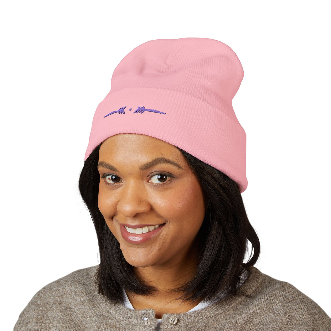 Classic Cuffed Embroidered Beanie - Purple on Baby Pink