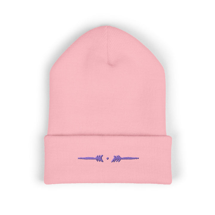 Classic Cuffed Embroidered Beanie - Purple on Baby Pink