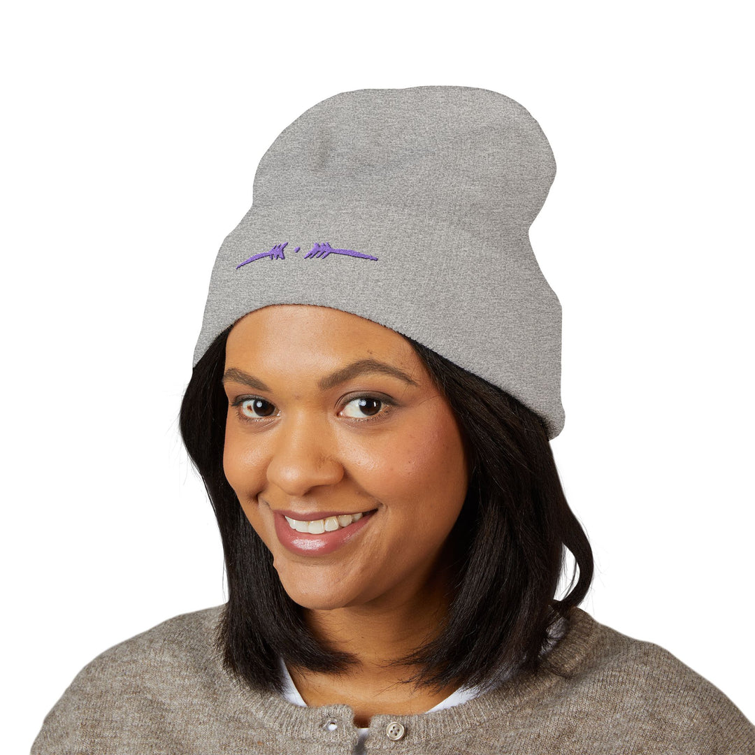 Classic Cuffed Embroidered Beanie - Purple on Heather