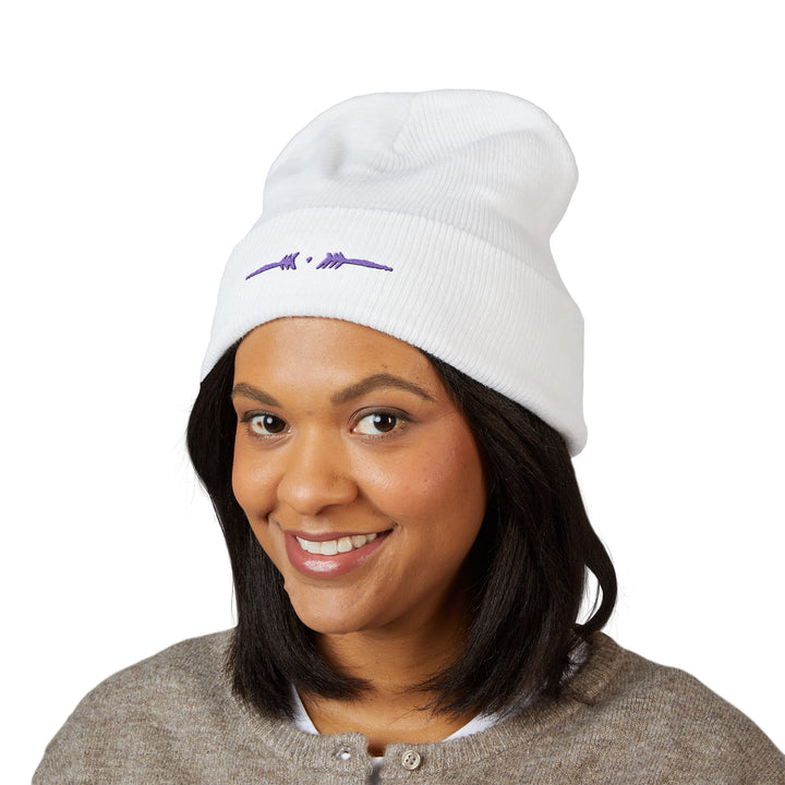 Classic Cuffed Embroidered Beanie - Purple on White