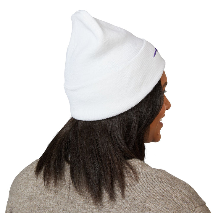 Classic Cuffed Embroidered Beanie - Purple on White