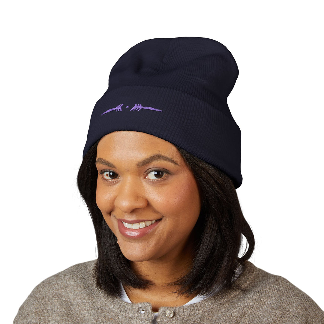 Classic Cuffed Embroidered Beanie - Purple on Navy