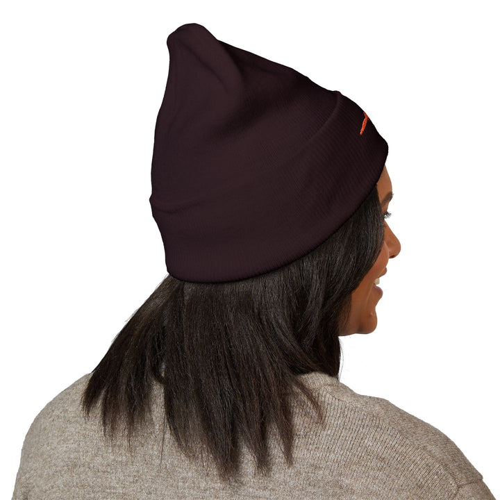 Classic Cuffed Embroidered Beanie - Orange on Brown