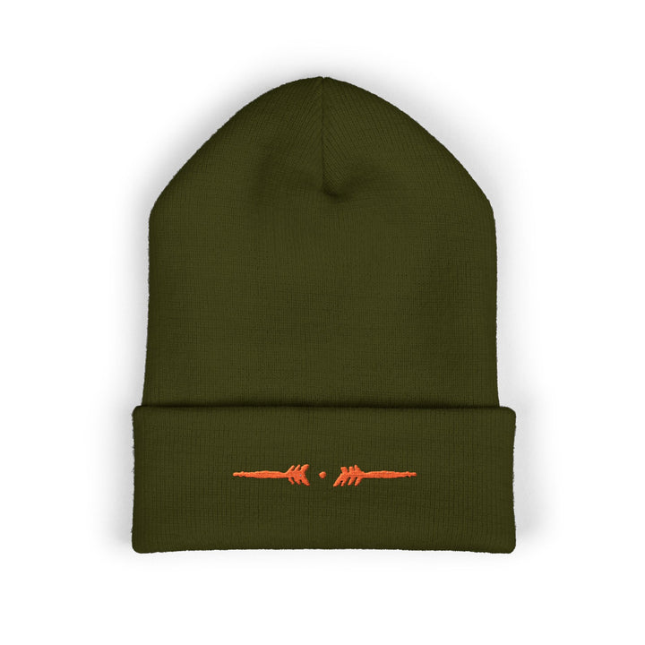 Classic Cuffed Embroidered Beanie - Orange on Olive