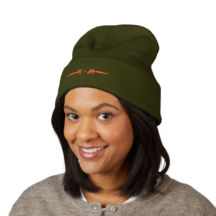 Classic Cuffed Embroidered Beanie - Orange on Olive