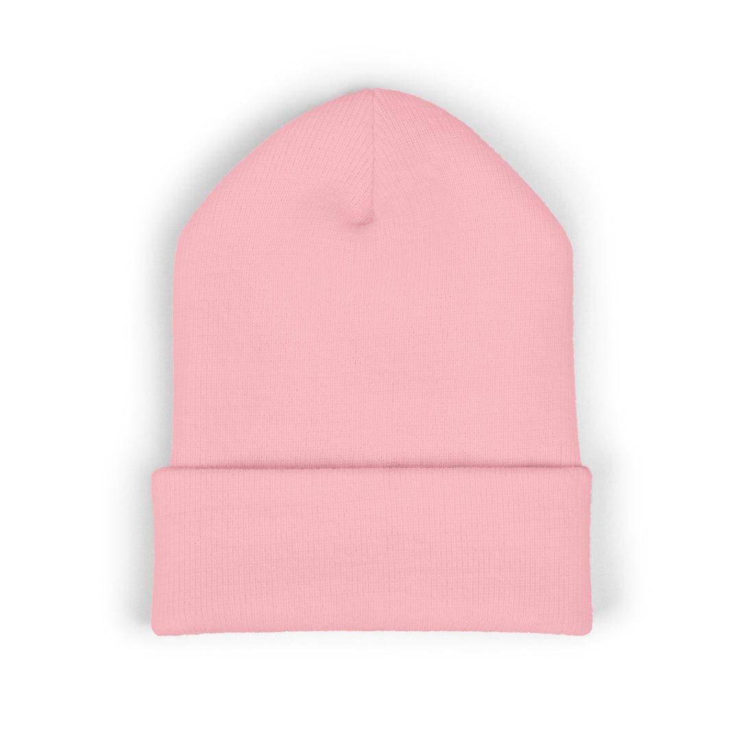 Classic Cuffed Embroidered Beanie - Purple on Baby Pink