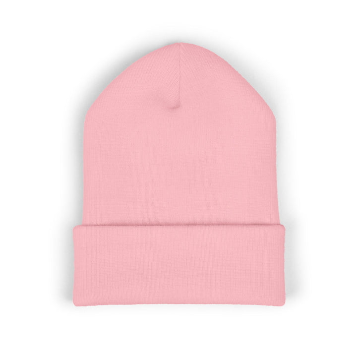 Classic Cuffed Embroidered Beanie - Purple on Baby Pink