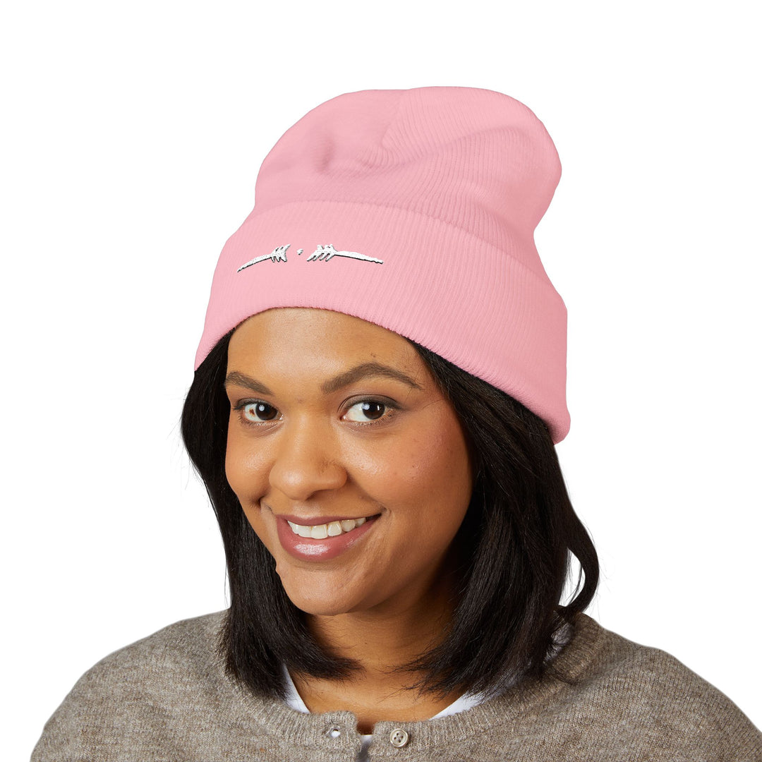 Classic Cuffed Embroidered Beanie - White on Pink
