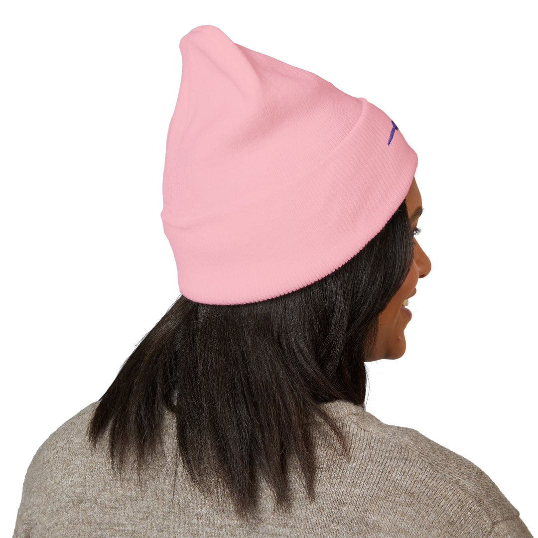 Classic Cuffed Embroidered Beanie - Purple on Baby Pink
